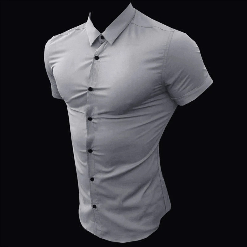 Muscleguys - Camisa lisa de manga corta para hombre, ropa deportiva superajustada, informal, a la moda, para negocios y eventos sociales