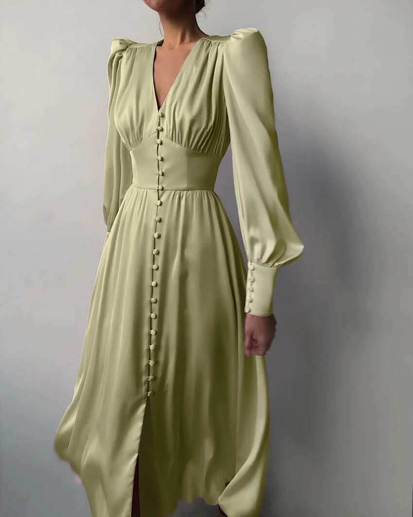 2024 Otoño/Invierno falda larga occidental para mujer con cuello en V manga acampanada botón satén Palacio cintura vestido Retro para mujer - details 0