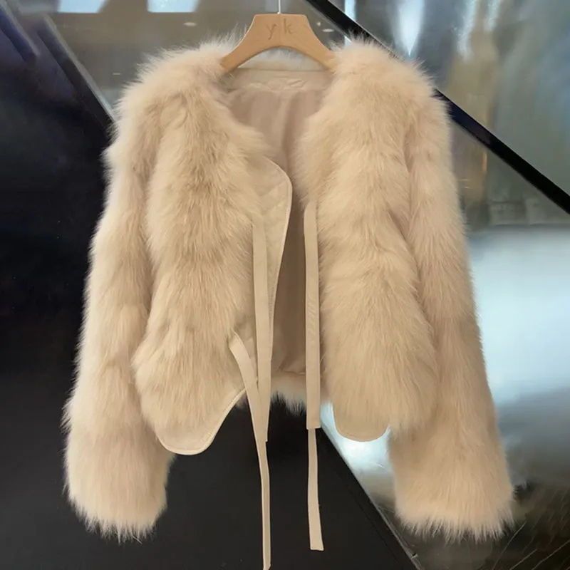 New Faux Fur Coats for Women Imitation Fox Fur Fluffy Jackets Female Warm Thick Lace-up Short Coat Korean Style Fashion Outwears