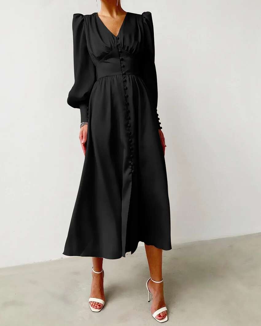 2024 Otoño/Invierno falda larga occidental para mujer con cuello en V manga acampanada botón satén Palacio cintura vestido Retro para mujer - details 17