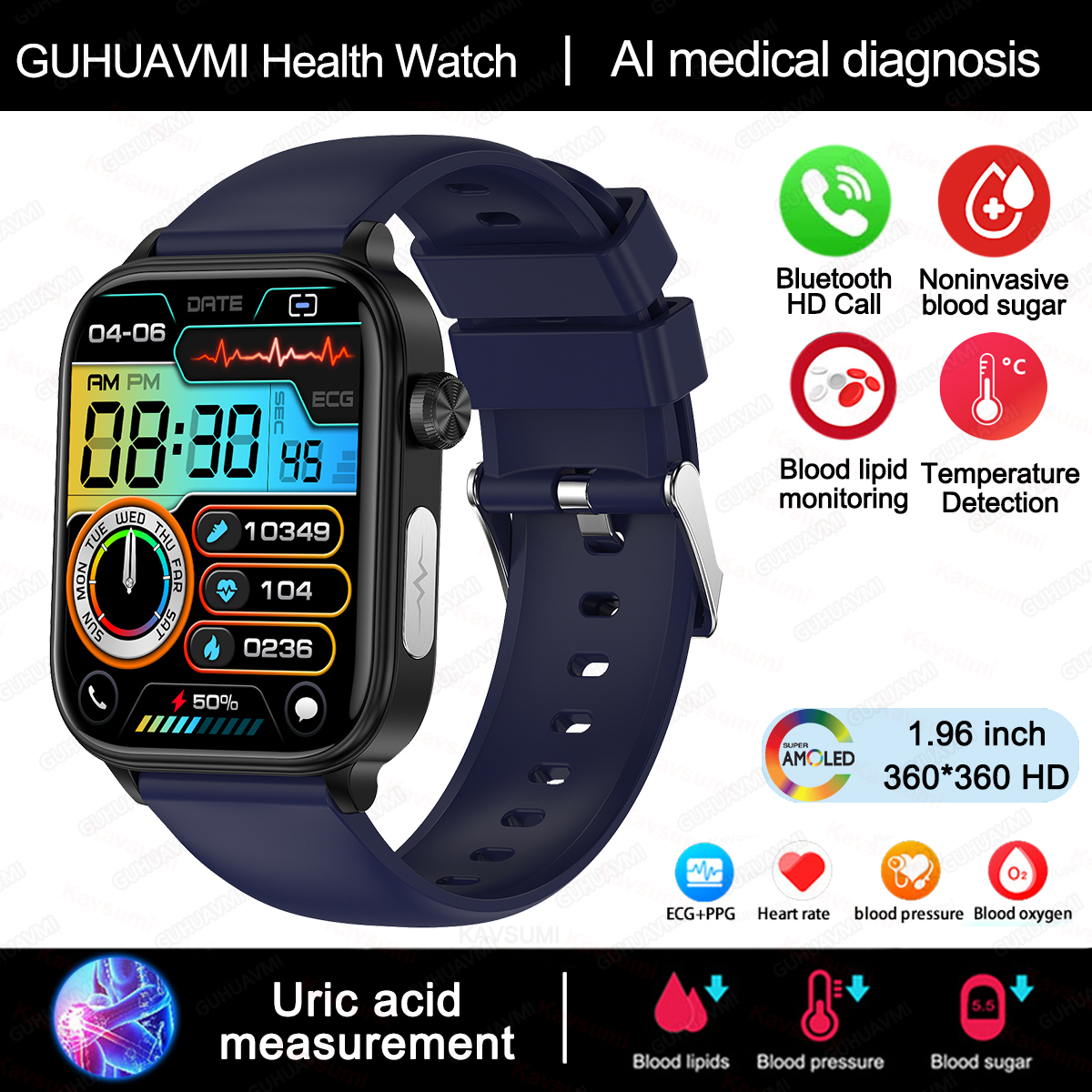 MOV Reloj inteligente para hombre y mujer, pulsera con control de glucosa en sangre, presión arterial, ECG, ácido úrico, llamada Bluetooth, grado médico, 2024