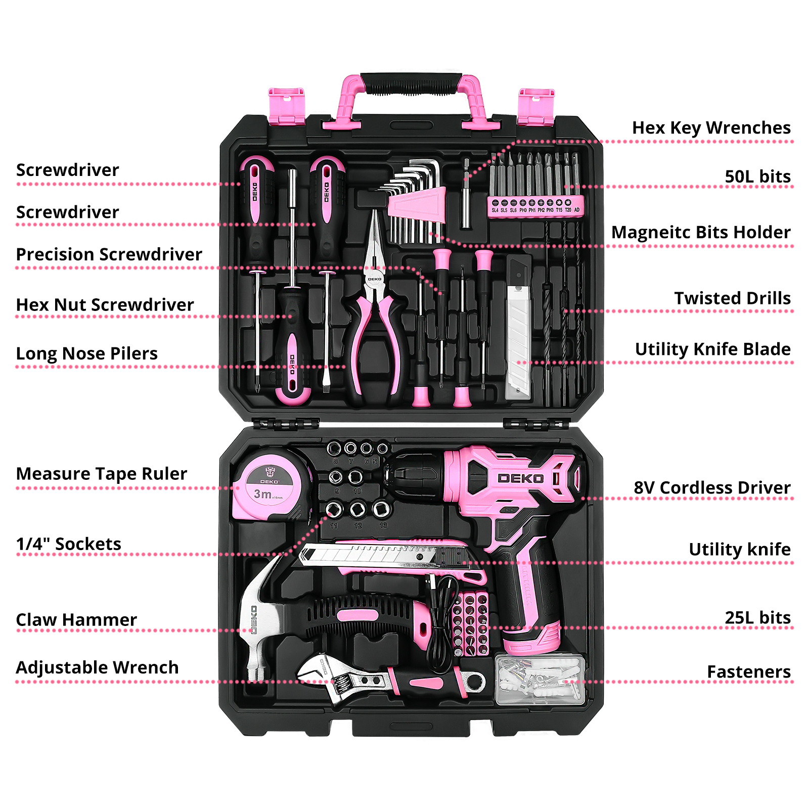 Taladro Inalámbrico DEKO 8V rosa con Conjunto de Broca sin Llave de 3/8\