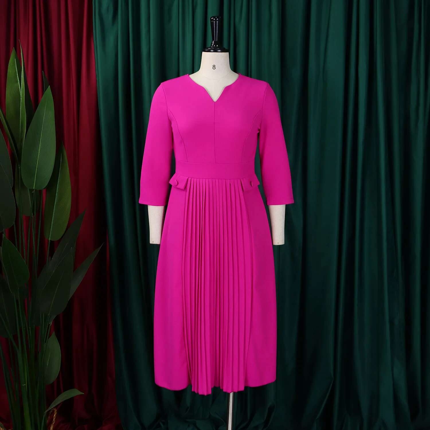 Vestido de talla grande para primavera y otoño, nuevo Color sólido a juego con cuello en V y mangas 3/4, vestido de estilo elegante ajustado para ir al trabajo a la moda - details 12