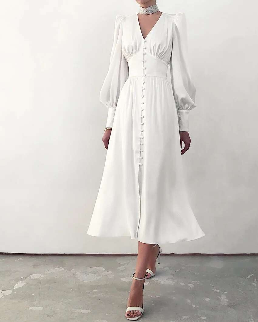 2024 Otoño/Invierno falda larga occidental para mujer con cuello en V manga acampanada botón satén Palacio cintura vestido Retro para mujer - details 9