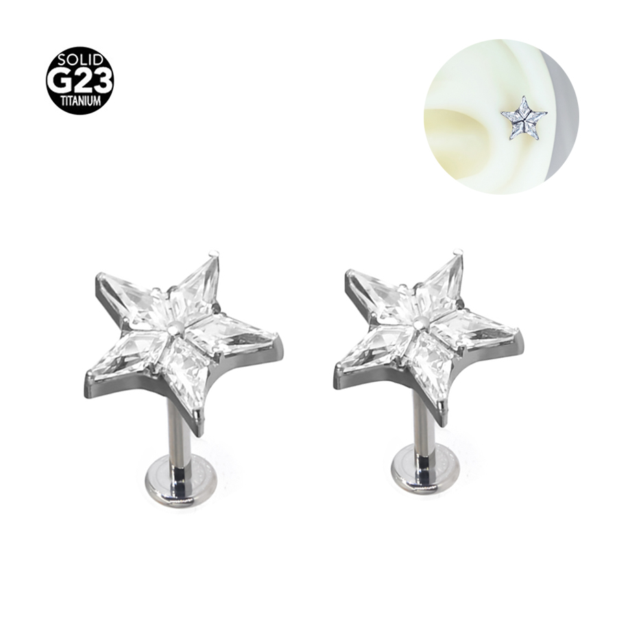 ASTM F136 Titanio 16G CZ Boomerang Labret Cartílago Hélice Tragus Labio Anillo Internamente