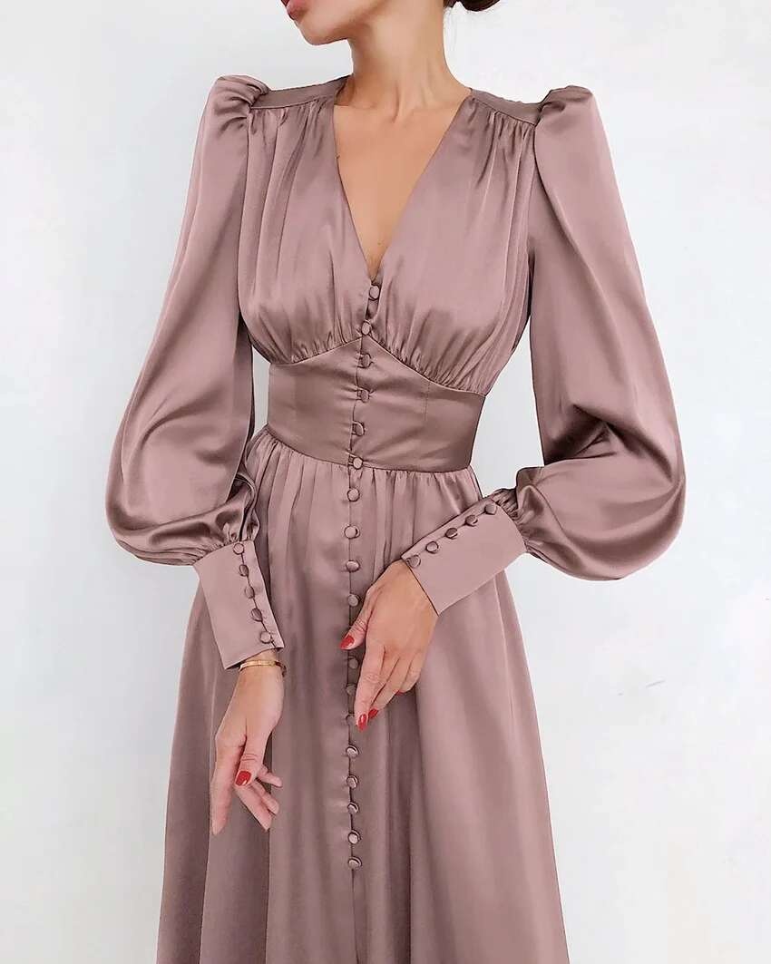 2024 Otoño/Invierno falda larga occidental para mujer con cuello en V manga acampanada botón satén Palacio cintura vestido Retro para mujer - details 15