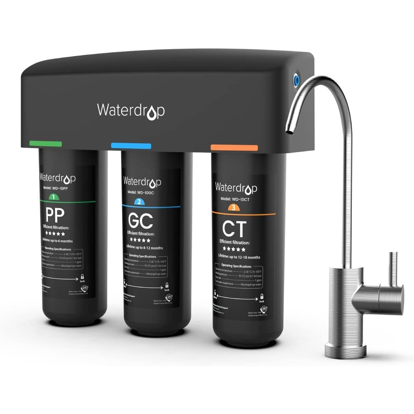 Waterdrop TSB Sistema de Filtro de Agua Inferior con Grifo Dedicado, Certificado NSF/ANSI 42, 3 Etapas Sistema de Filtrado de Agua, Reduce el Fluoruros, el Plomo, el Cloro, el Mal Sabor