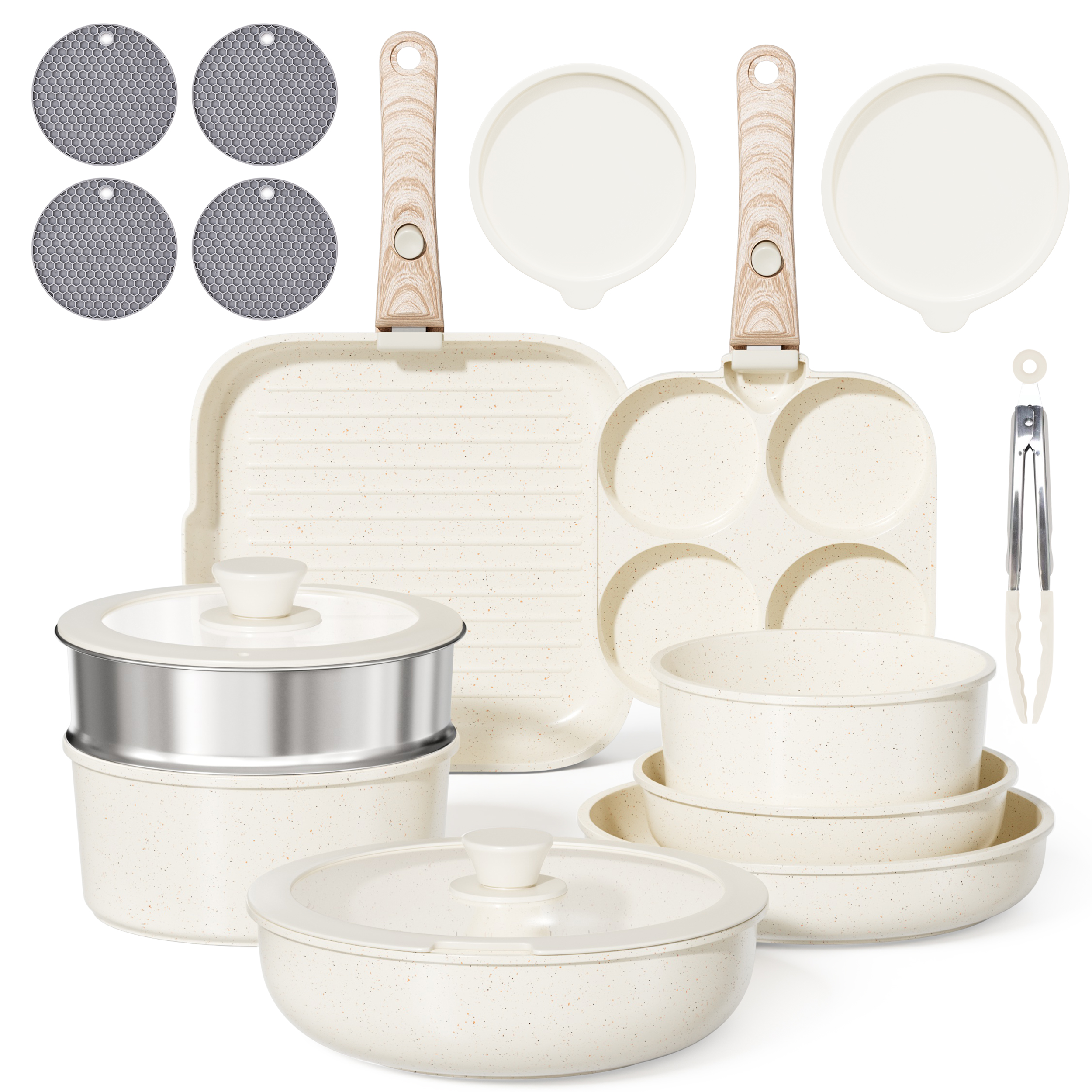 RIOVARM Induction Cookware with Removable Handles, Non-Stick Set of Pots and Pans with Lids, Grill Pan For All Stoves Tortilla Pan PFOA-Free Camping Pans