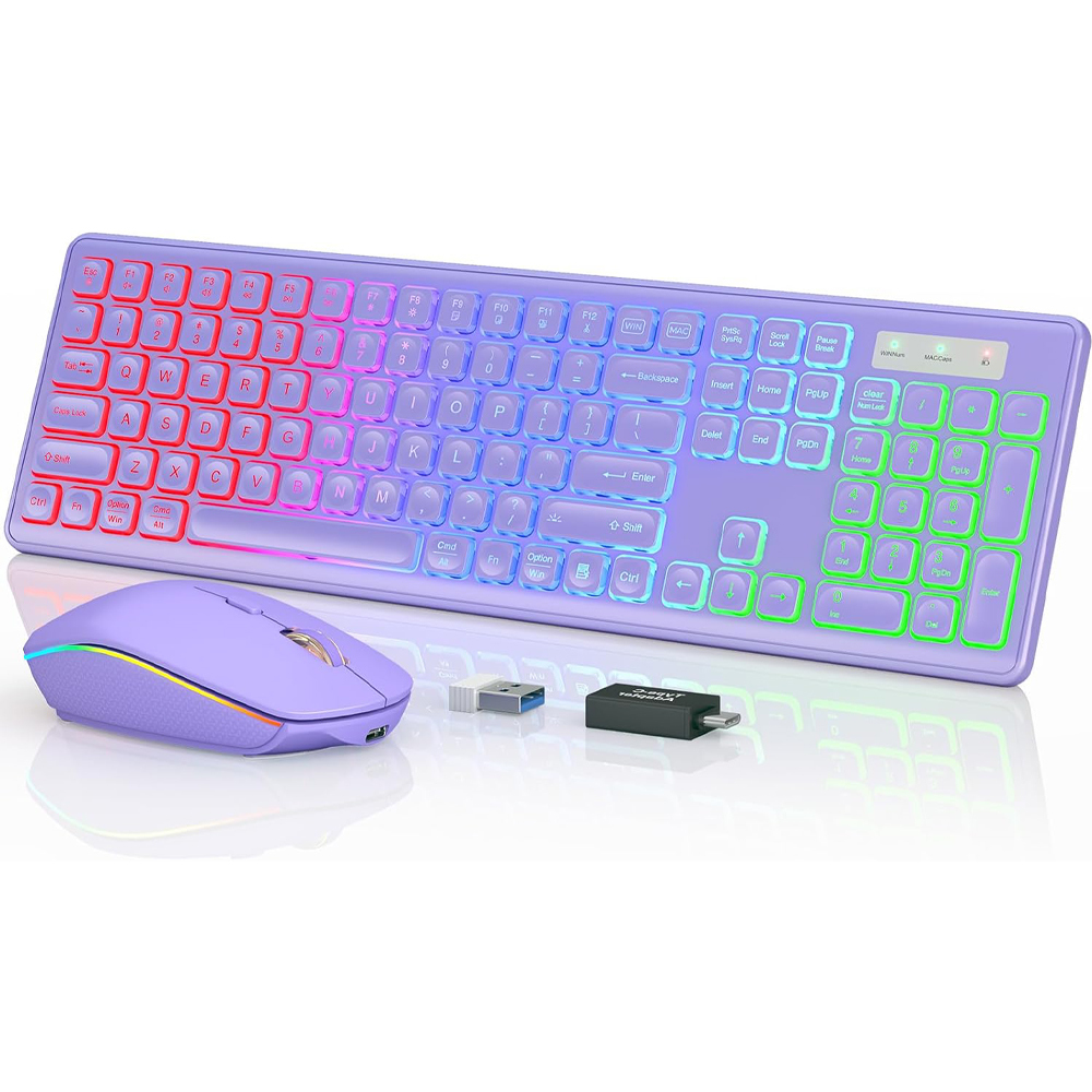 Teclado retroiluminado inalámbrico, teclado y ratón delgado de tamaño  completo, 2,4G, USB, silencioso, recargable, retroiluminación