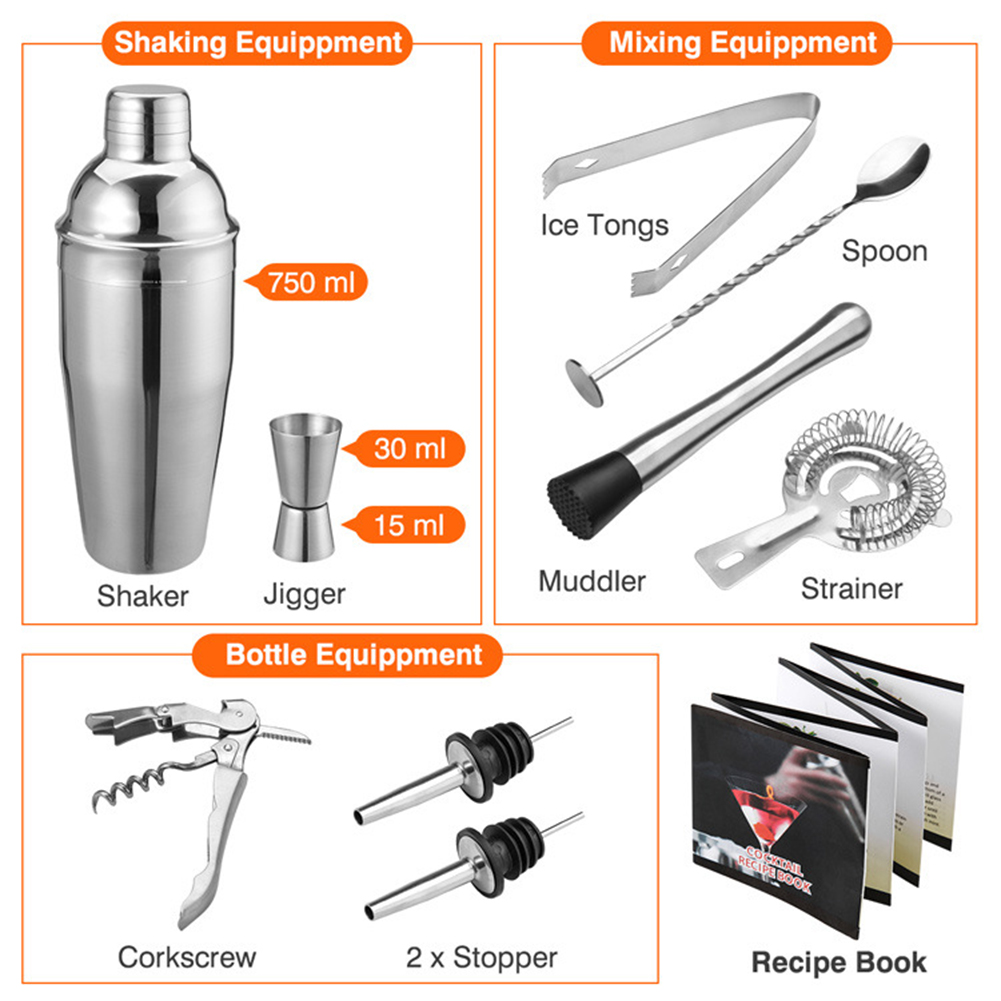 Juego De Coctelería De Acero Inoxidable – Coctelera Boston, Colador, Cuchara, Medidor Y Soporte De Madera