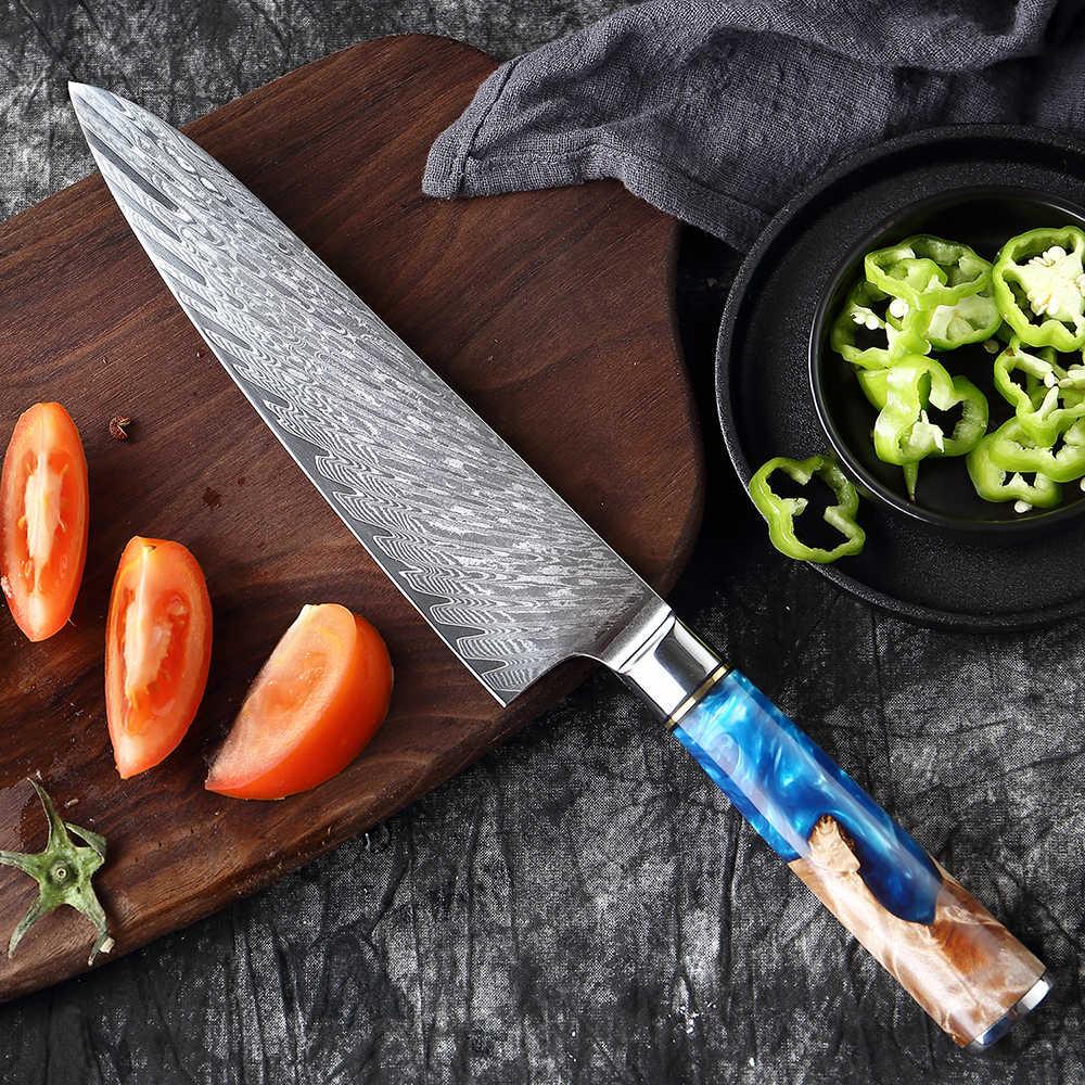 XITUO-cuchillo de Chef japonés de acero damasco VG10, herramienta de cocina  para pelar frutas y verduras, mango de madera de Color resina azul