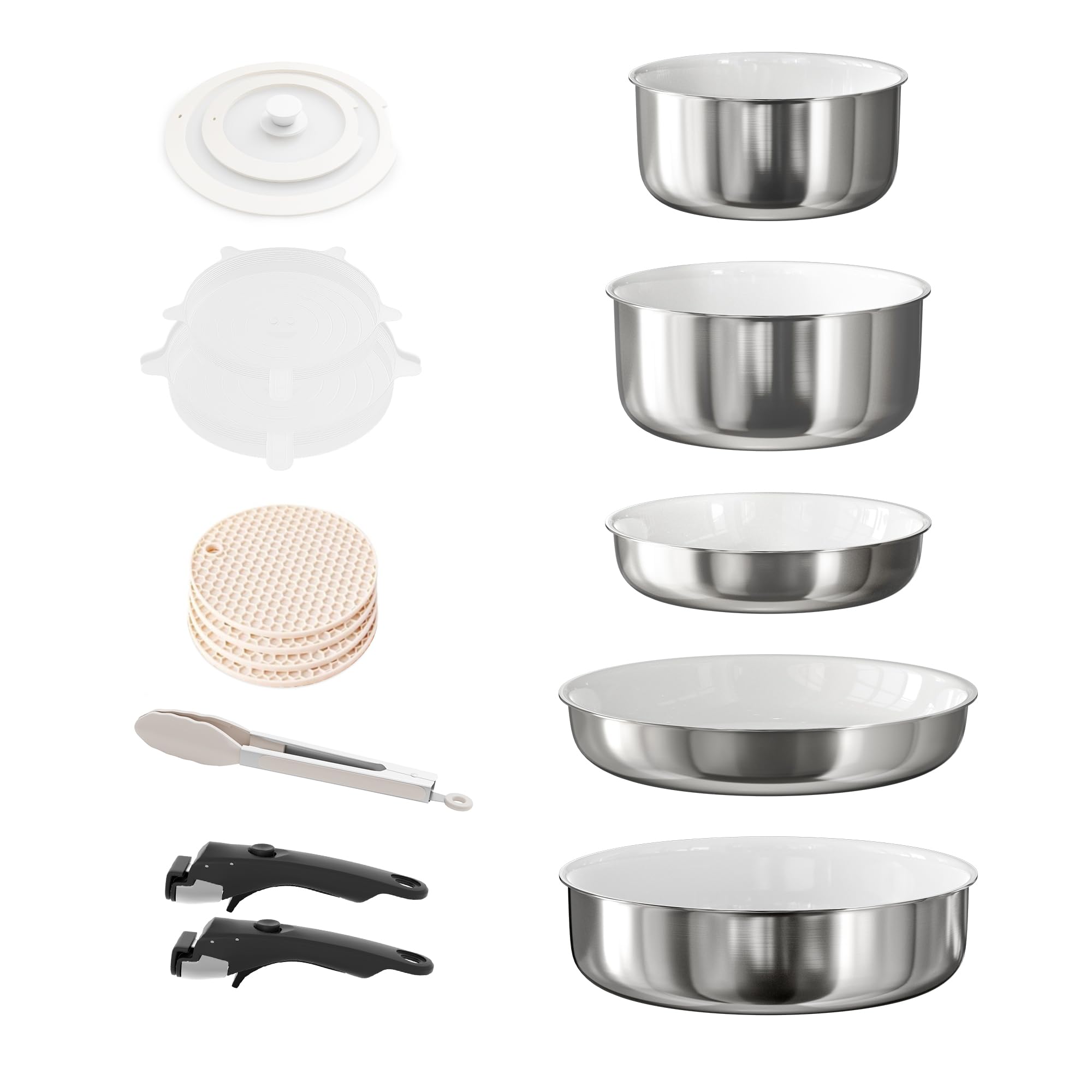 RIOVARM Stainless Steel Set of pots and pans Induction with Detachable Handles, Stackable Non-stick Ceramic Pans and pots with Lids, Oven safe, Dishwasher safe, PFOA free.