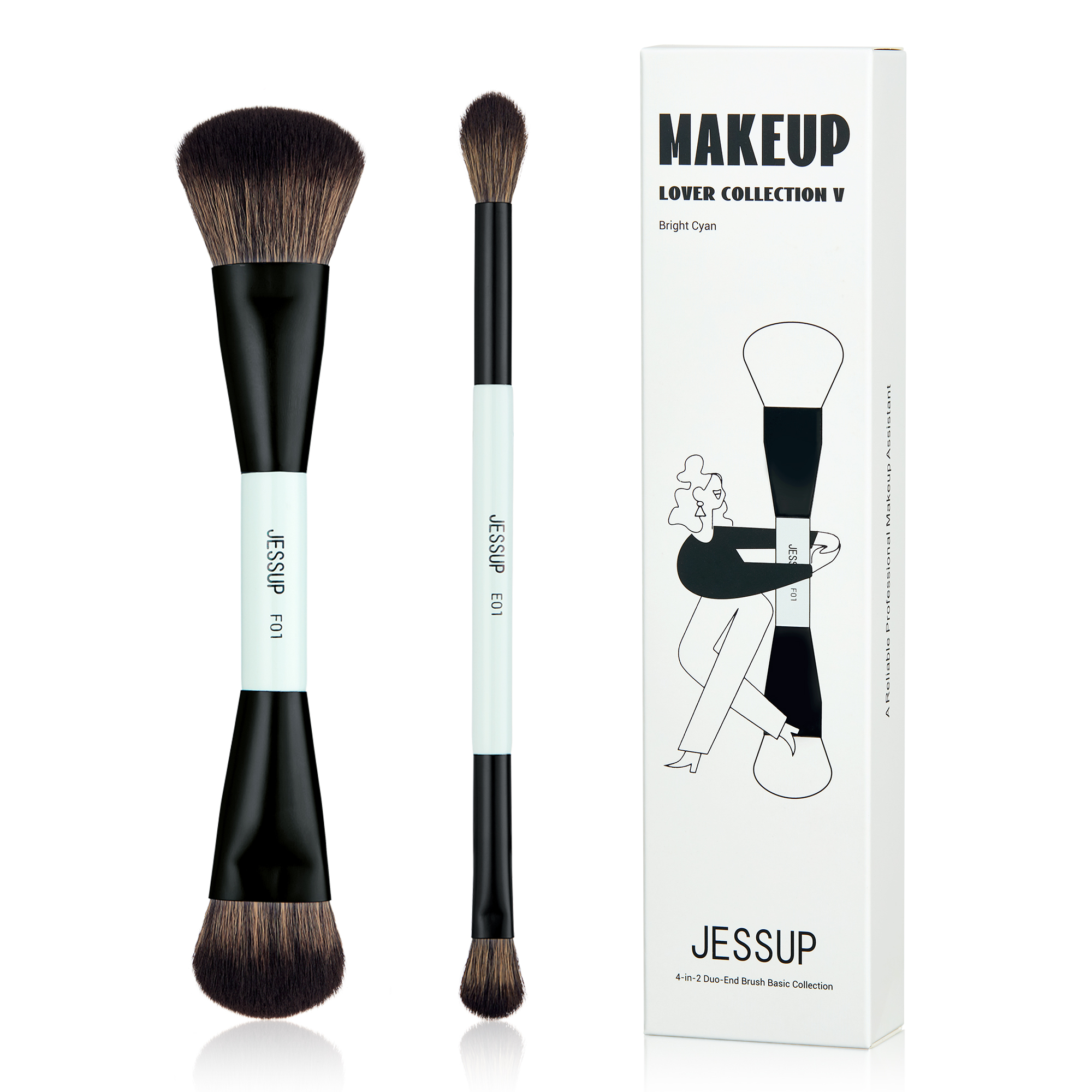 Jessup - Brochas de maquillaje 2 pcs, brocha de doble punta para base, contorno y difuminado de ojos, multifuncional, cian brillante, T502