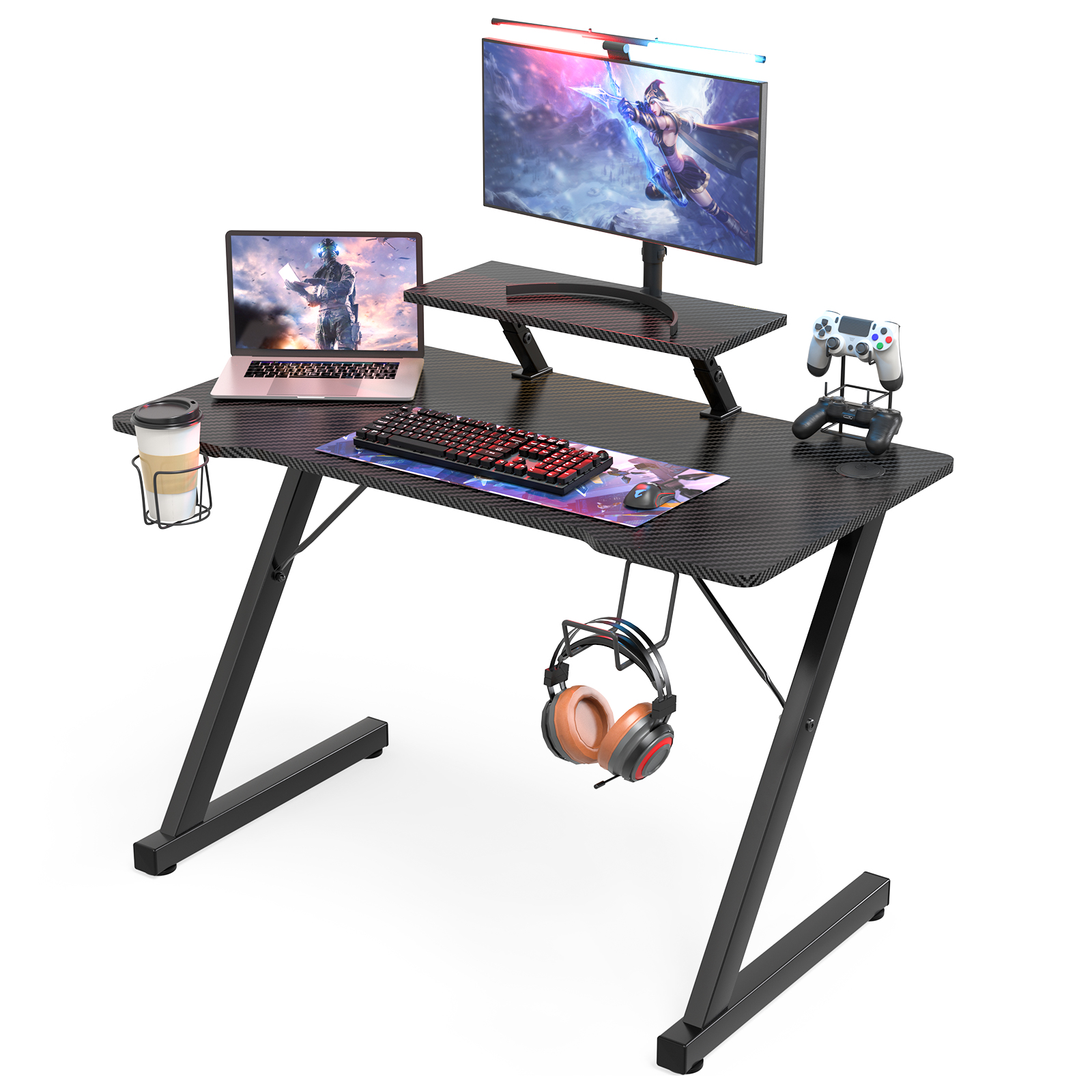 Rcynview Corner Desk Gamer Computer Gaming_ Gamer Table 105cmx80cm L-shaped with Screen Support_ Carbon Fiber Table Top_ Gaming Desk Ergonomic Gaming Table with Bag and Hook