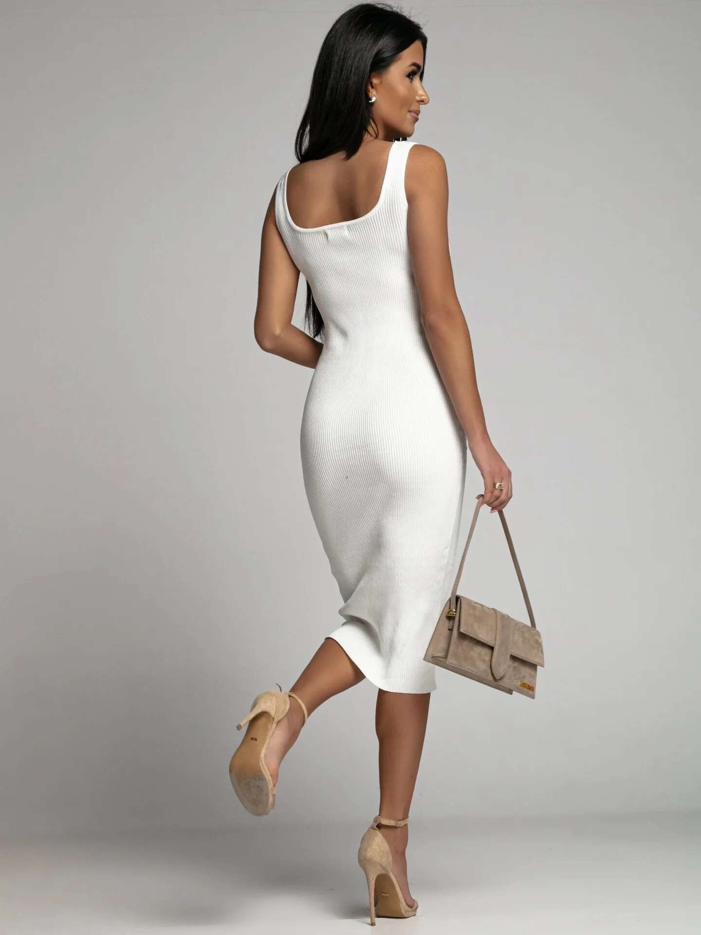 Vestido Bodycon de Moda Verano Cuello Cuadrado Kintted de Lino Khaki Vestido Mid de Moda para Mujeres Estilo Casual y Adelgazado - details 9