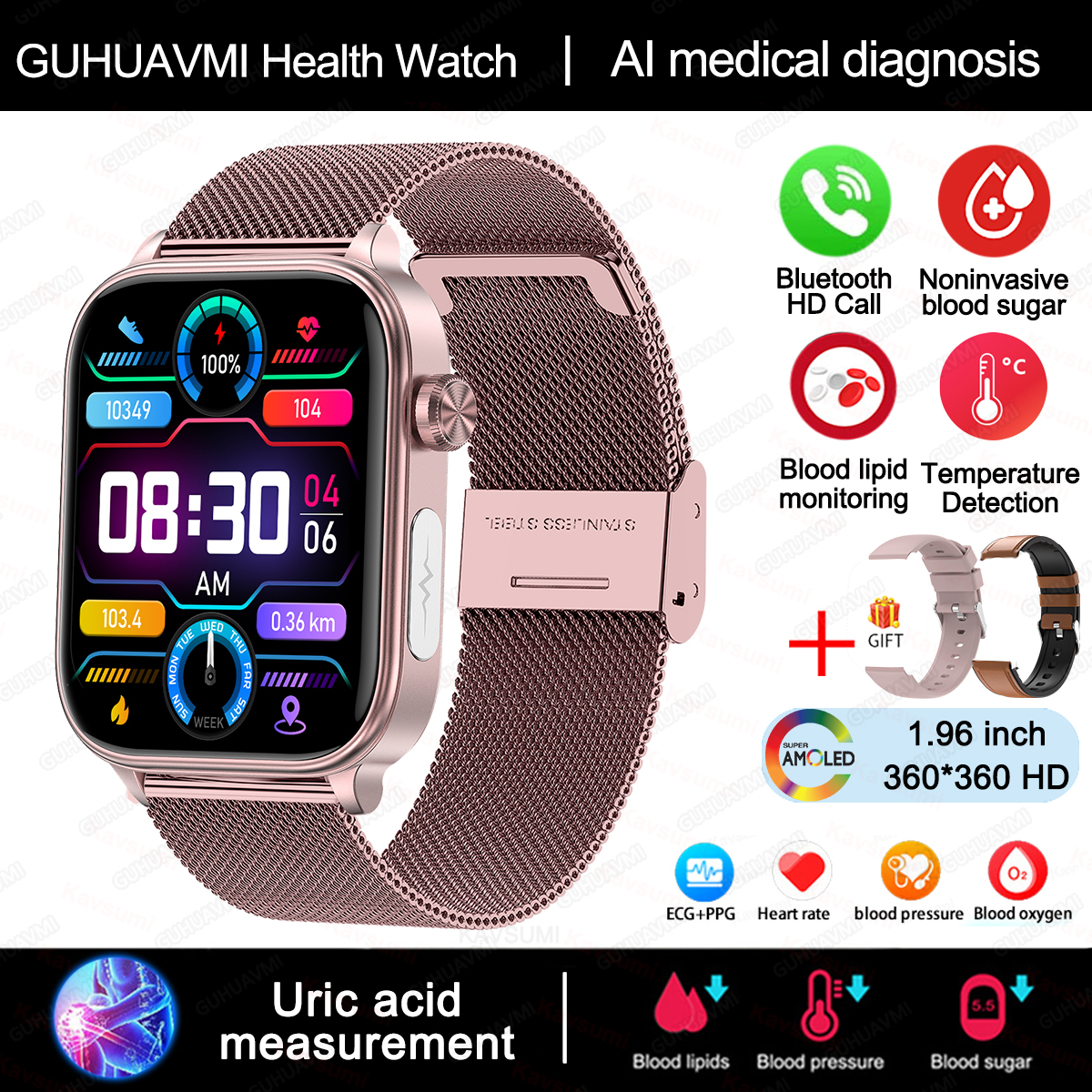 MOV Reloj inteligente para hombre y mujer, pulsera con control de glucosa en sangre, presión arterial, ECG, ácido úrico, llamada Bluetooth, grado médico, 2024