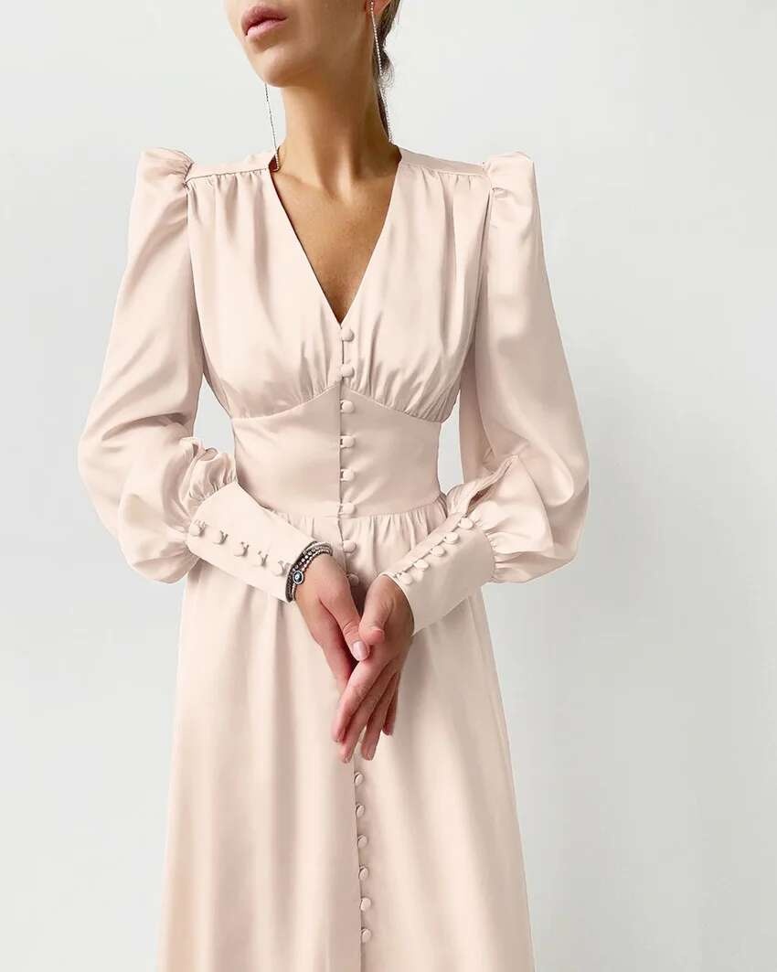 2024 Otoño/Invierno falda larga occidental para mujer con cuello en V manga acampanada botón satén Palacio cintura vestido Retro para mujer - details 11