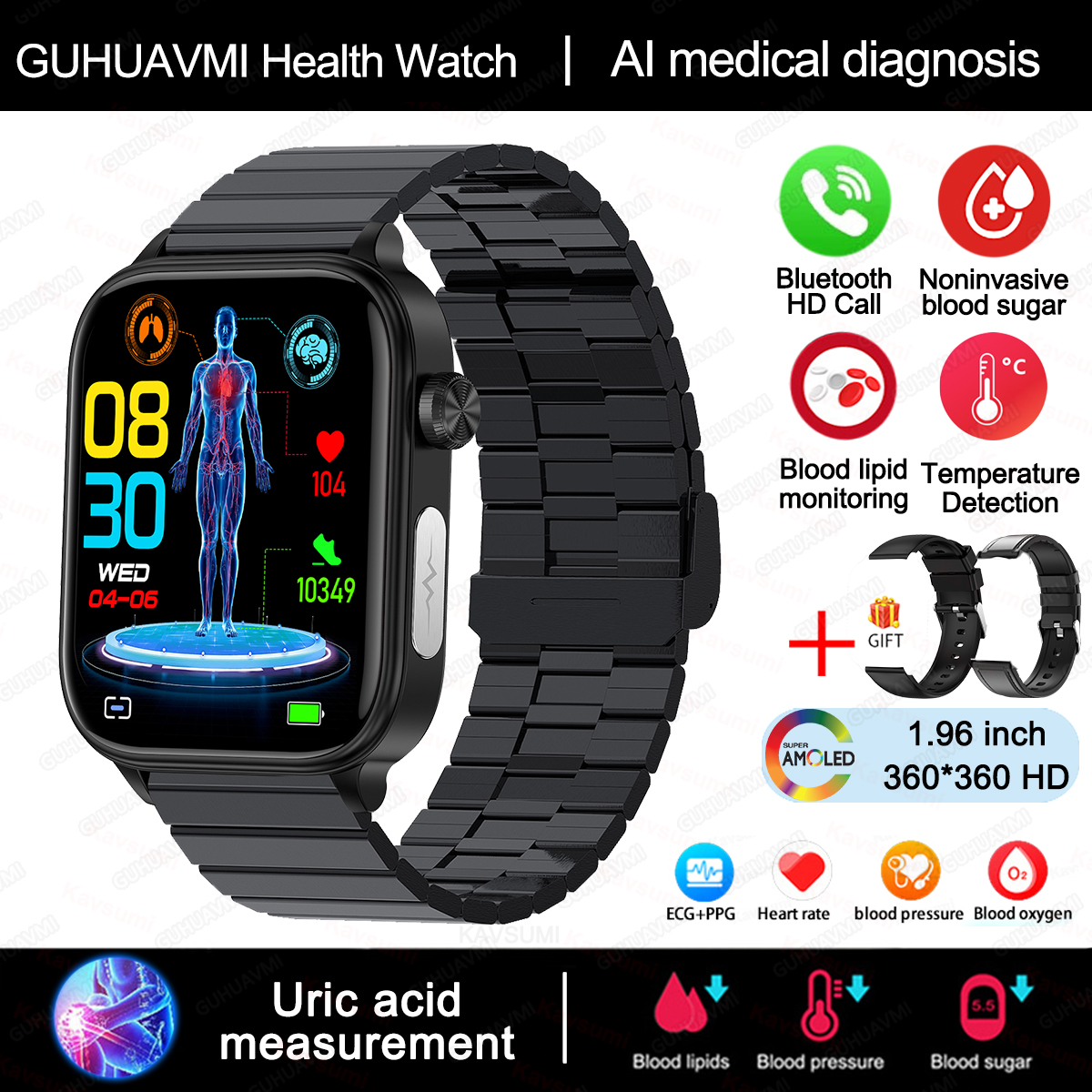 MOV Reloj inteligente para hombre y mujer, pulsera con control de glucosa en sangre, presión arterial, ECG, ácido úrico, llamada Bluetooth, grado médico, 2024