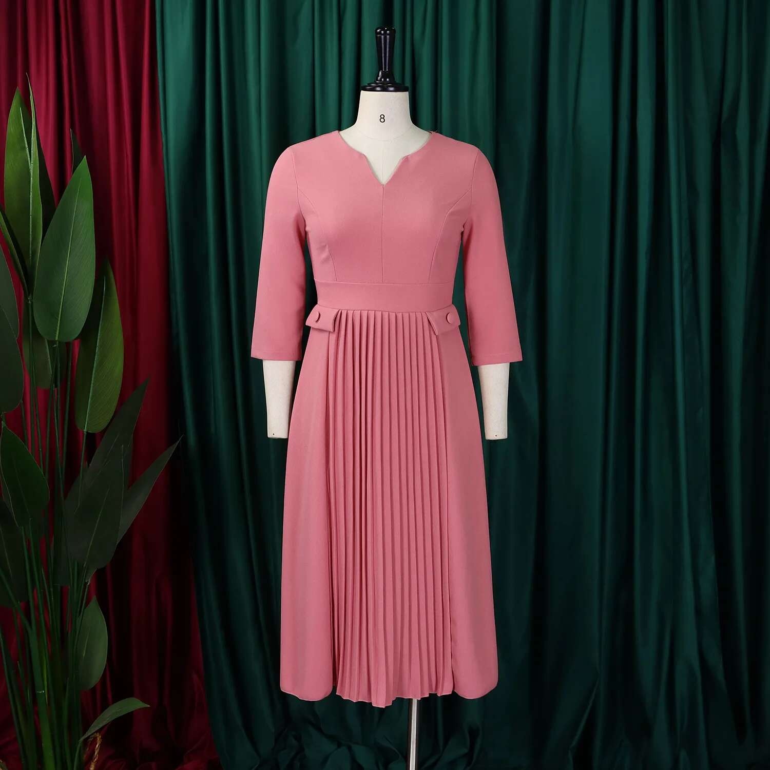 Vestido de talla grande para primavera y otoño, nuevo Color sólido a juego con cuello en V y mangas 3/4, vestido de estilo elegante ajustado para ir al trabajo a la moda - details 9