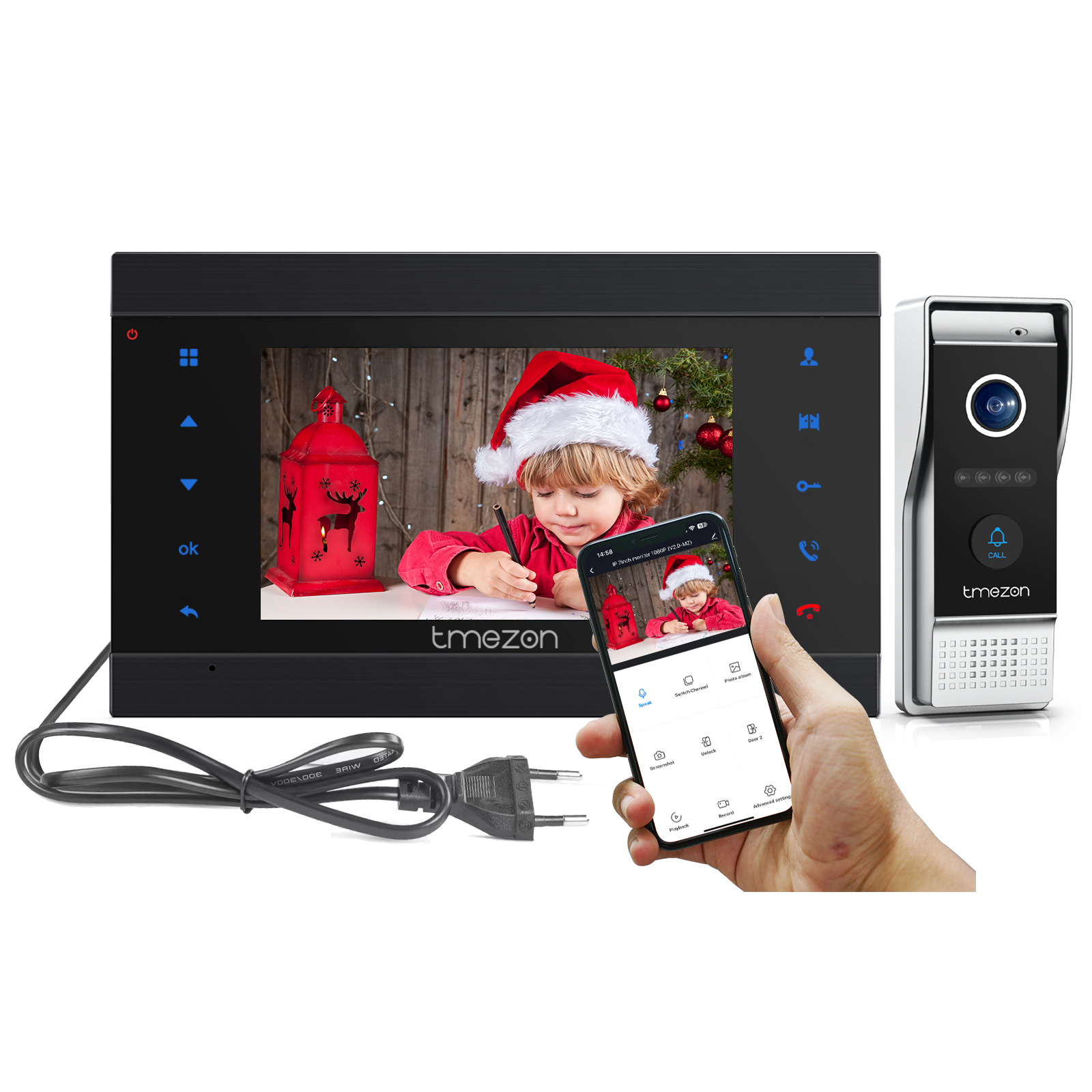 Fuente de alimentación incorporada >TMEZON Videoportero Wifi Sistema de  intercomunicación,Monitor 1080P 7 zoll y timbre con cable para 1 familia,  tecnología de 4 cables,Desbloqueo Remoto,visión Nocturna,  instantánea/grabación,Tuya Smart