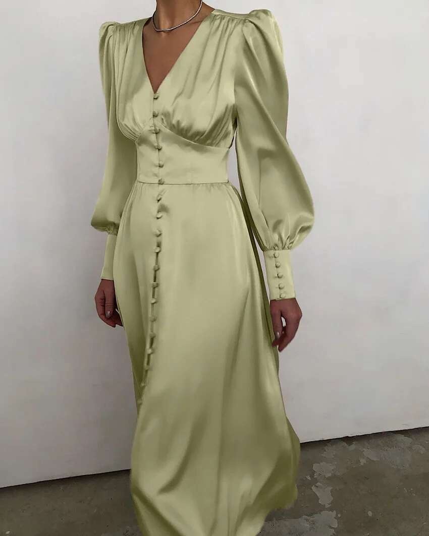 2024 Otoño/Invierno falda larga occidental para mujer con cuello en V manga acampanada botón satén Palacio cintura vestido Retro para mujer - details 1