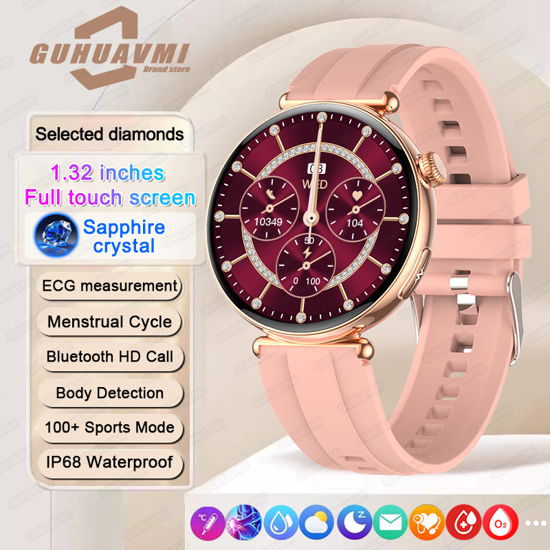 Nuevos relojes inteligentes de alta calidad para mujer, llamadas Bluetooth, pantalla táctil Amoled de 1,32 pulgadas, pulsómetro SpO2 Dream, notificación de Whatsapp, reloj inteligente para la salud de la mujer, esfera personalizada, correa de diamantes
