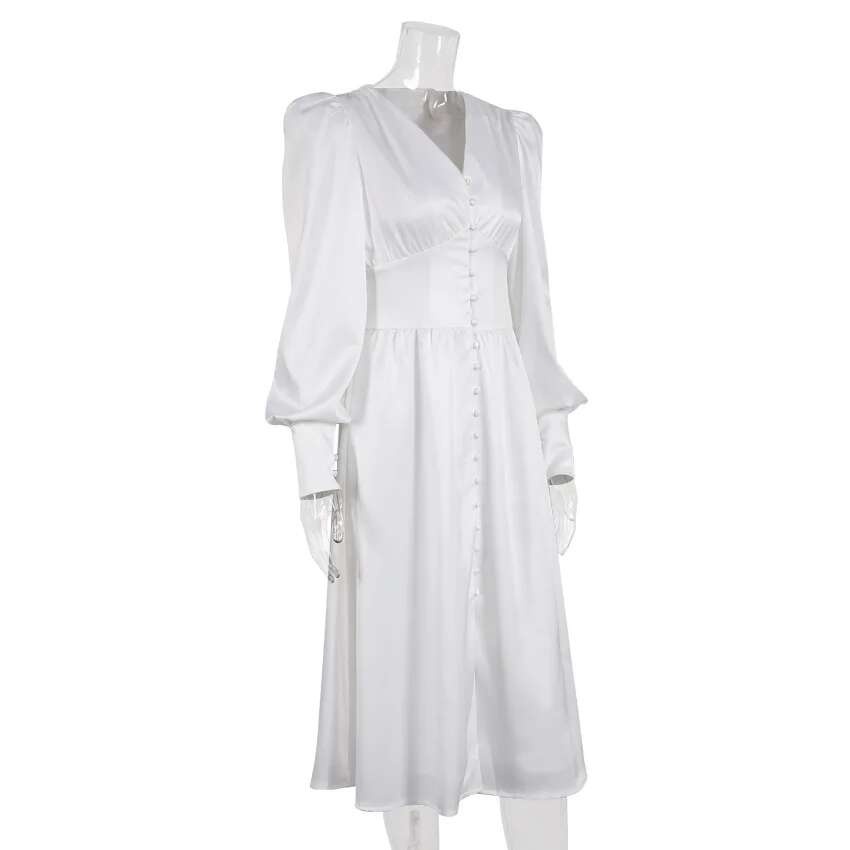 2024 Otoño/Invierno falda larga occidental para mujer con cuello en V manga acampanada botón satén Palacio cintura vestido Retro para mujer - details 30