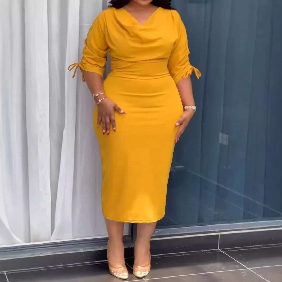 L-4XL Plus ropa vestidos mujeres batas verano otoño 3/4 manga estilo callejero Casual 3XL 4XL vestido Midi de talla grande de gran tamaño - details 2