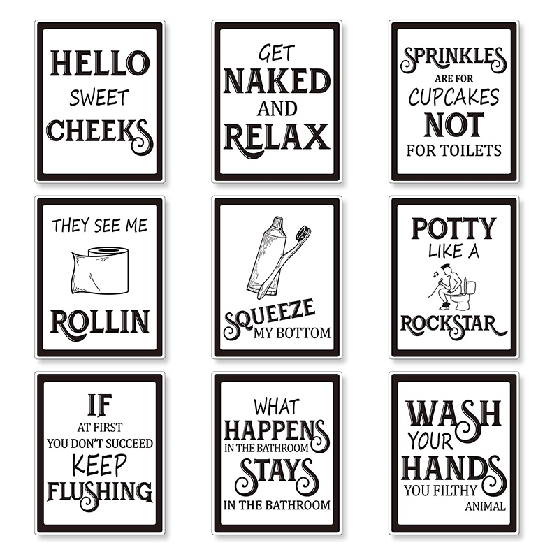  9 piezas de decoración de pared de baño, divertido letrero de  baño vintage, citas de baño, impresiones artísticas, carteles de baño para  pared, baño, decoración de imágenes, sin marco (fuente negra) 
