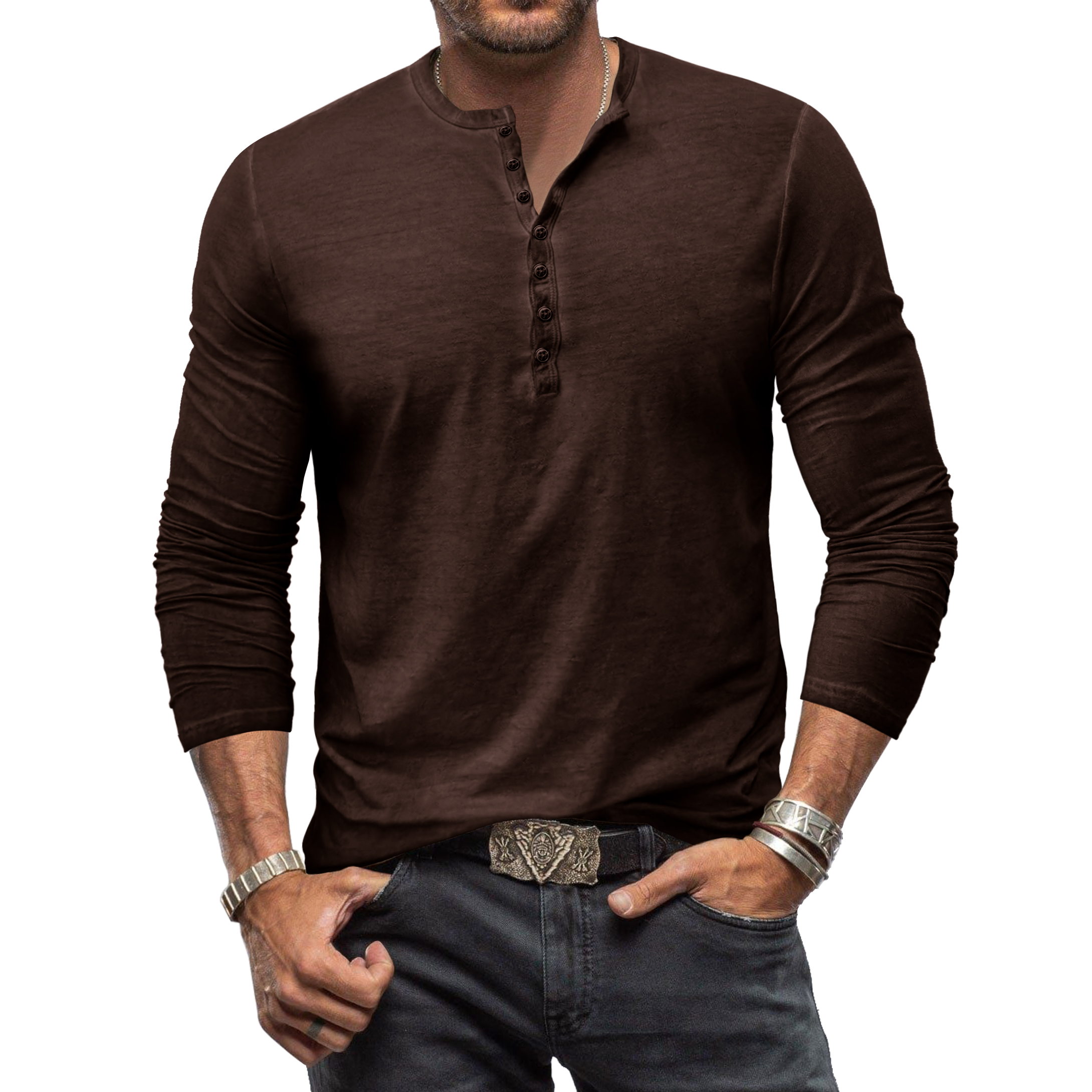 Camisas Henley De Manga Larga Para Hombre, Estilo Casual, A La Moda, Cuello Redondo, Clásicas, Ajustadas, Básicas, Azul