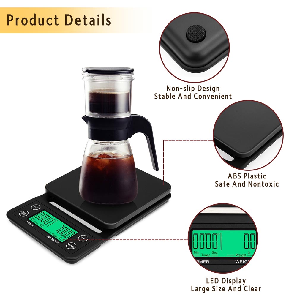 Báscula de cocina 1 pieza (negra) 5 kg/0,1 G negra, báscula de café digital  con temporizador, báscula de café LCD alta para barista, báscula de café