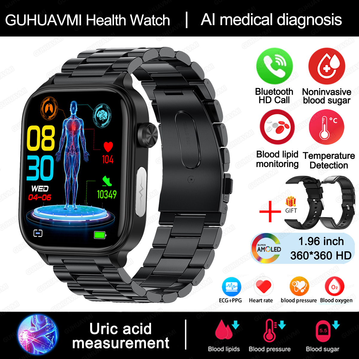 MOV Reloj inteligente para hombre y mujer, pulsera con control de glucosa en sangre, presión arterial, ECG, ácido úrico, llamada Bluetooth, grado médico, 2024