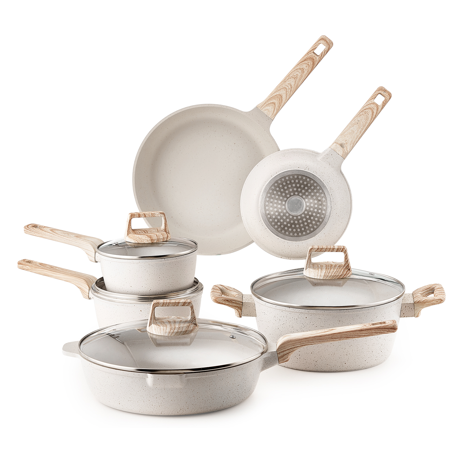 SucceBuy Juego de utensilios de cocina antiadherentes de granito de 17 piezas, juego de cocina compatible con inducción con sartenes, cacerolas, blanco