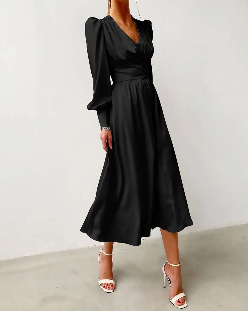 2024 Otoño/Invierno falda larga occidental para mujer con cuello en V manga acampanada botón satén Palacio cintura vestido Retro para mujer - details 16