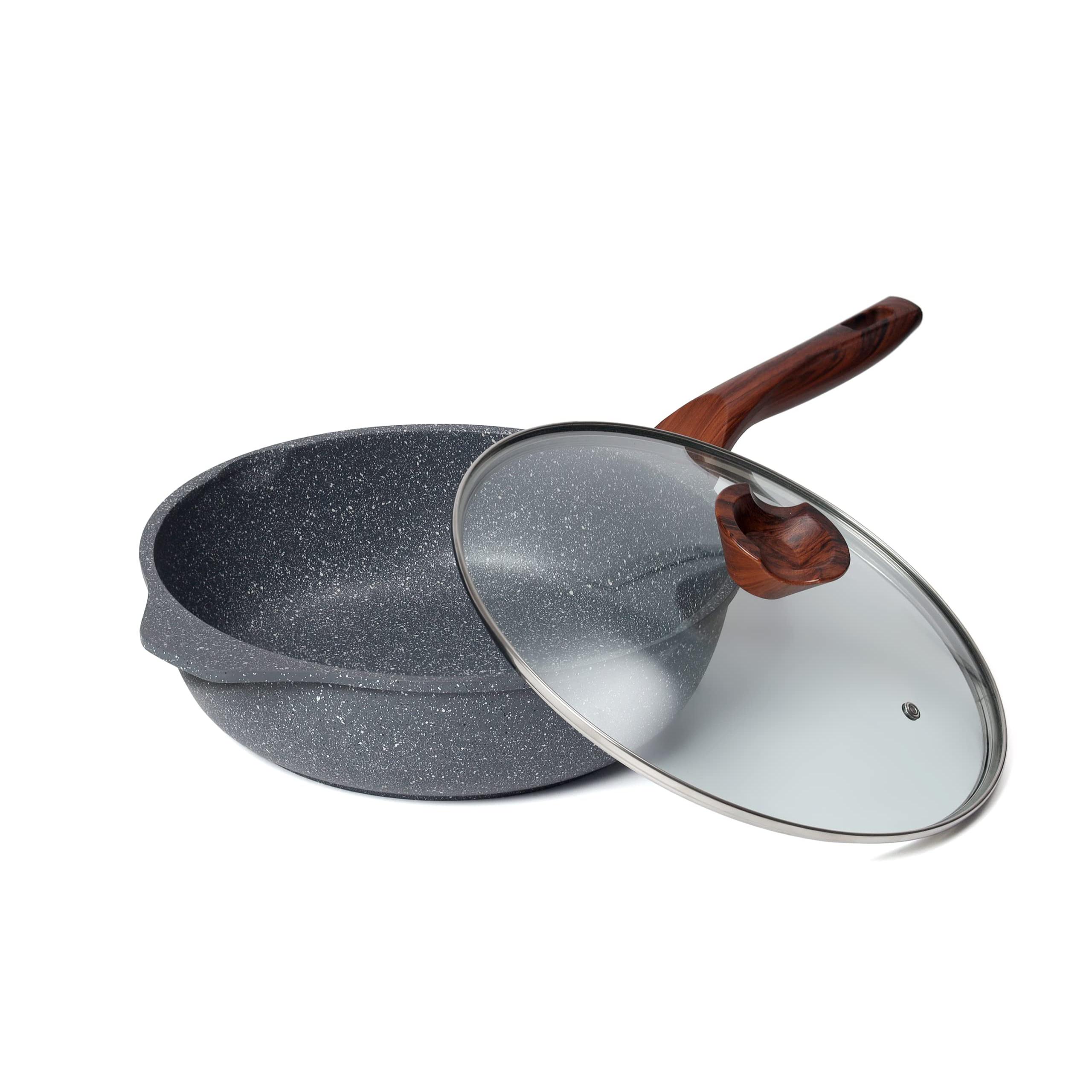 RIOVARM Non-stick Ceramic Frying Pan Sets with Lids Induction PFOA-free Cookware 20 cm 24 cm 28 cm Omelette Pans with Bakelite Handles in Imitation Wood
