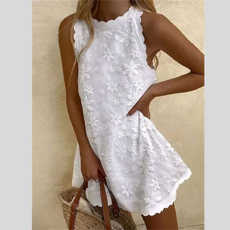 Vestido Mini de Encaje Blanco Elegante Moda Verano 2024 para Mujeres Vestido Corto Chic Suelto con Sin Mangas - details 1