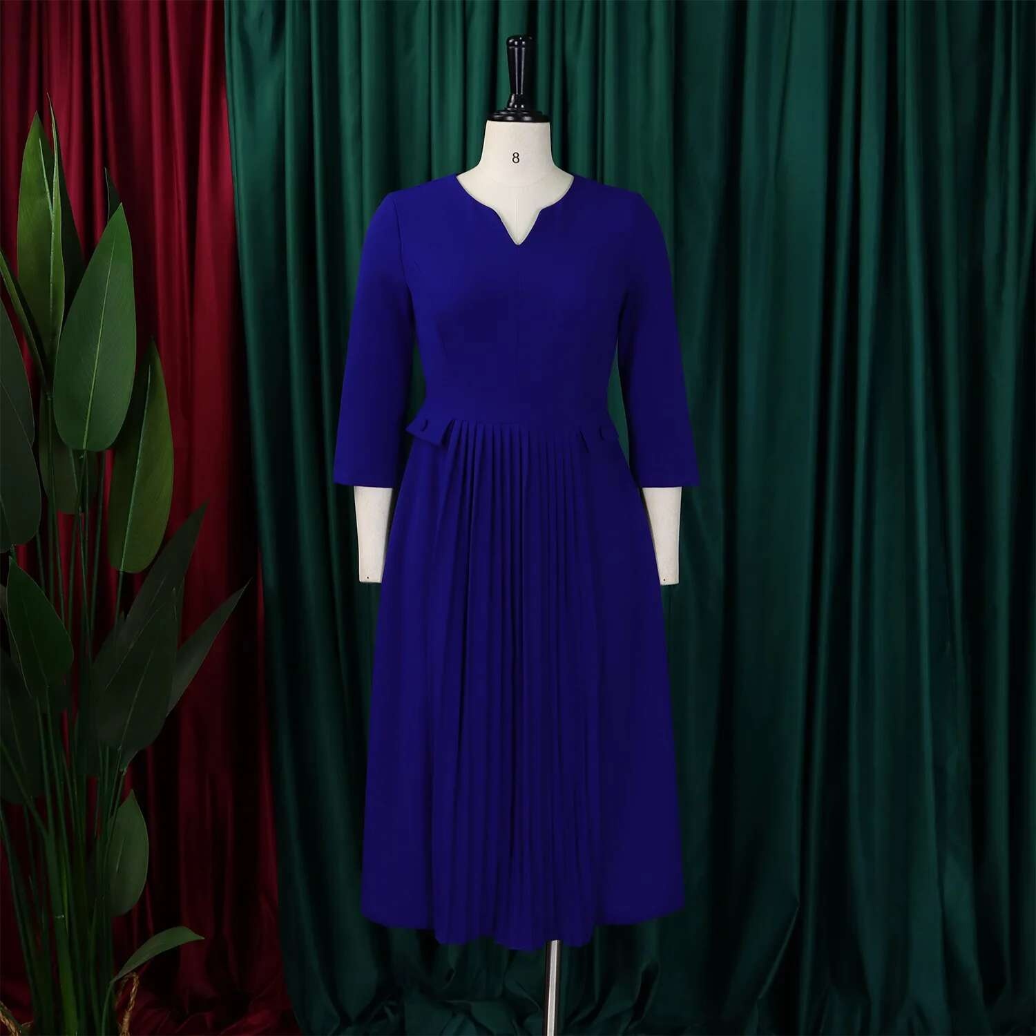 Vestido de talla grande para primavera y otoño, nuevo Color sólido a juego con cuello en V y mangas 3/4, vestido de estilo elegante ajustado para ir al trabajo a la moda - details 13