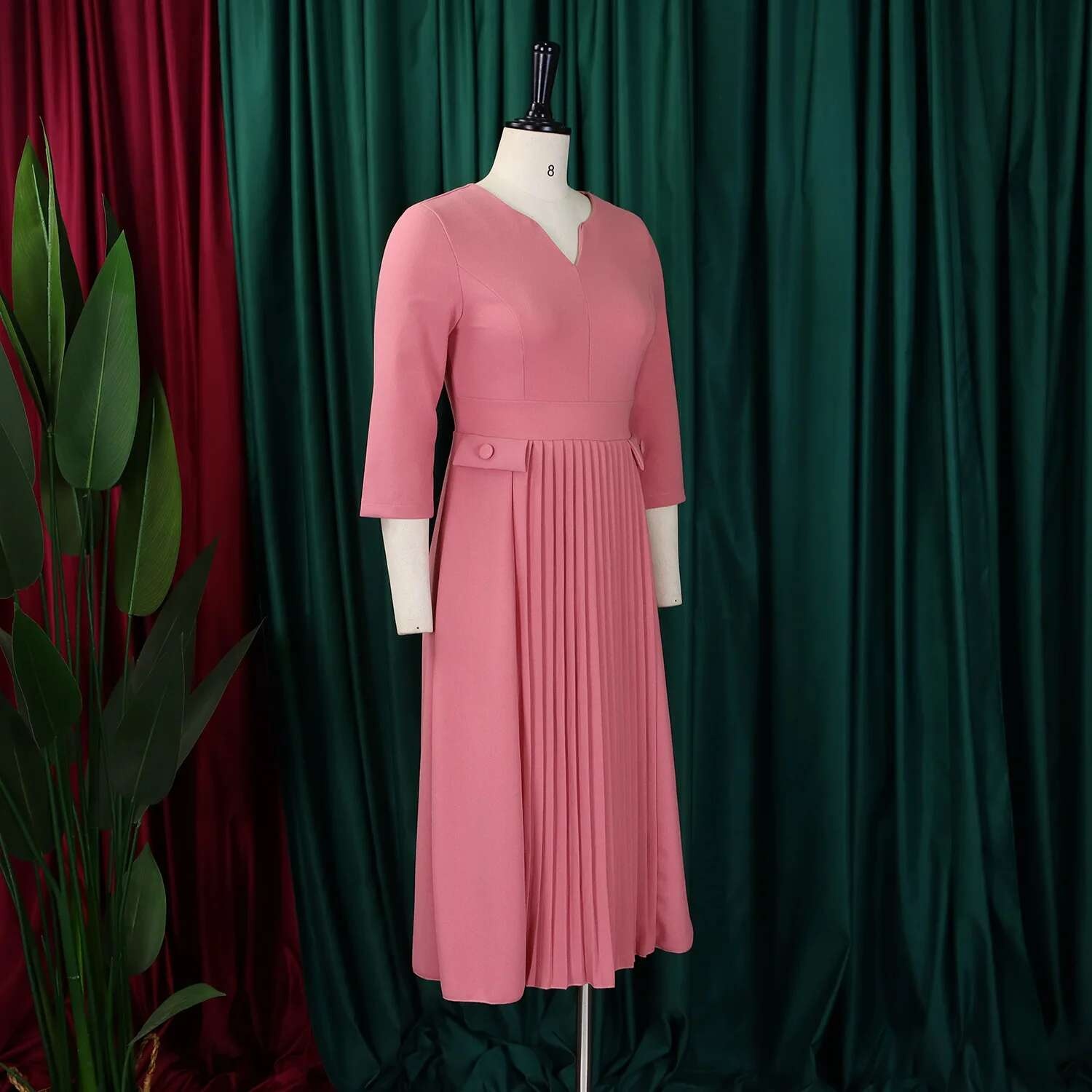 Vestido de talla grande para primavera y otoño, nuevo Color sólido a juego con cuello en V y mangas 3/4, vestido de estilo elegante ajustado para ir al trabajo a la moda - details 10