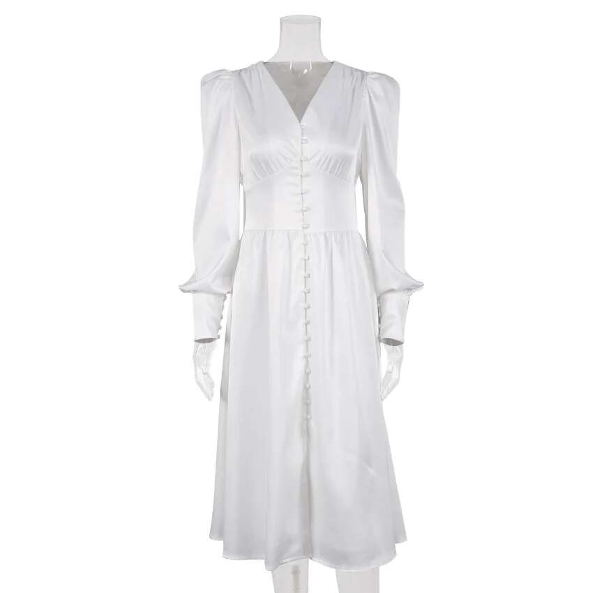 2024 Otoño/Invierno falda larga occidental para mujer con cuello en V manga acampanada botón satén Palacio cintura vestido Retro para mujer - details 29