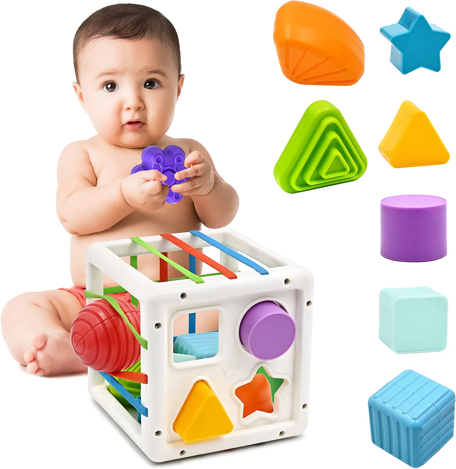 Juguetes Montessori Niños 1 año, 4 in 1 Montessori Bebes 6-12 Meses-  Bloques Apilables- Sensoriales Cordón de Silicona Juguetes- Juguete  Actividades Cubo, Juguetes Educativos para Niños 1 2 Años