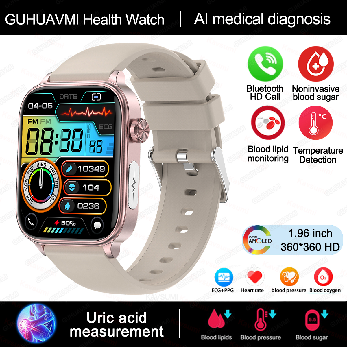 MOV Reloj inteligente para hombre y mujer, pulsera con control de glucosa en sangre, presión arterial, ECG, ácido úrico, llamada Bluetooth, grado médico, 2024