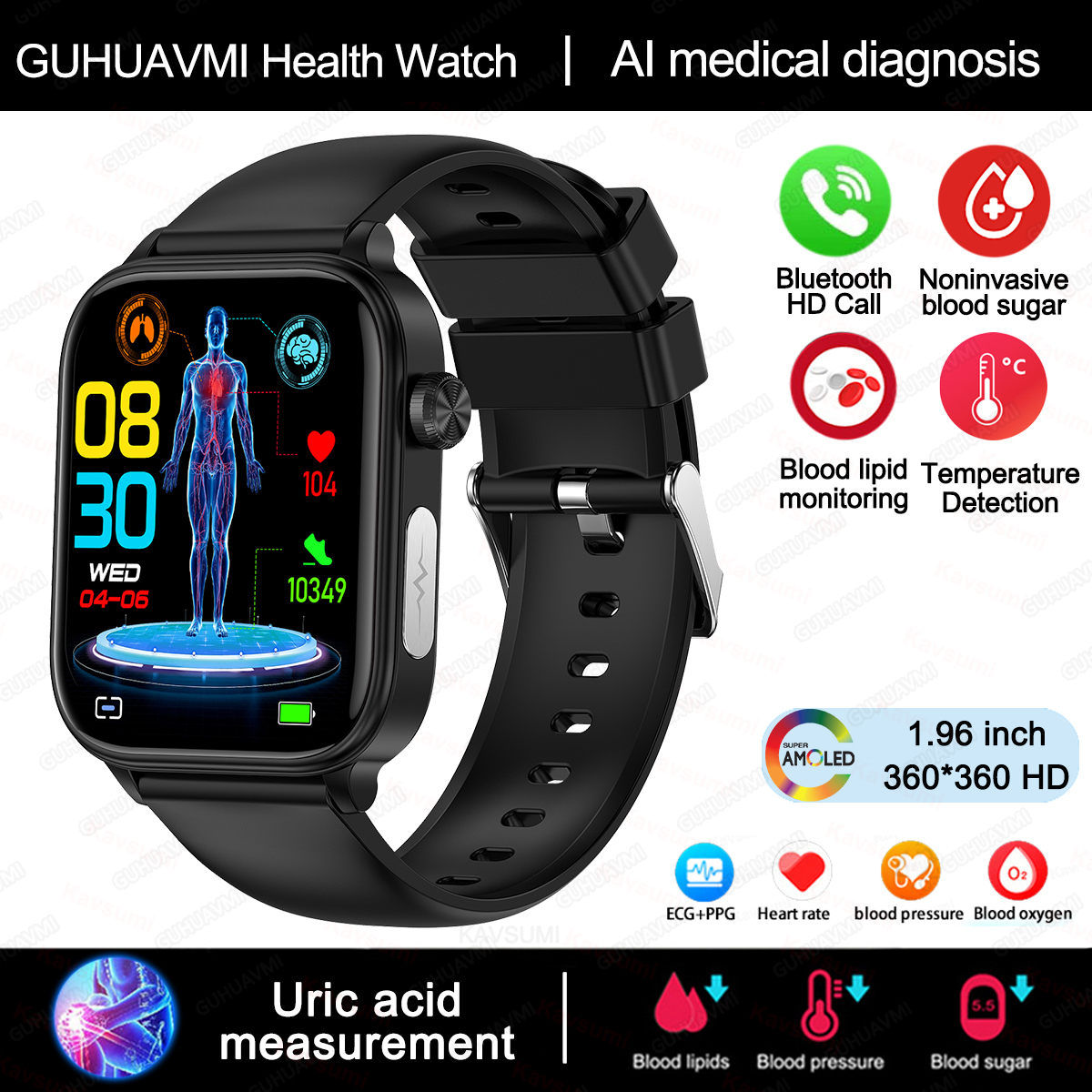 MOV Reloj inteligente para hombre y mujer, pulsera con control de glucosa en sangre, presión arterial, ECG, ácido úrico, llamada Bluetooth, grado médico, 2024