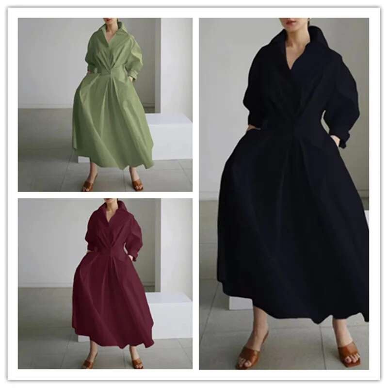 Otoño de algodón de manga sólido elegante Maxi vestidos para las mujeres 2023 blanco Casual cuello en V camisa vestido largo de fiesta bata Mujer - details 8