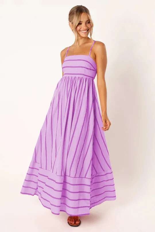 Vestido de Verano 2025 con Estampado a Rayas de Moda Vestido Largo A-e con Espalda Descubierta para Mujeres - details 5