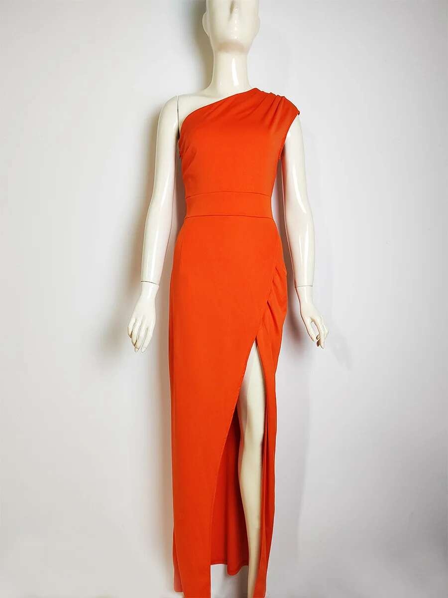 Vestido de Fiesta de Hombro Cautivador Color Sólido, Cuello Dobladillo, Vestido de Cuerpo Moldado con Abertura Moda para Mujeres - details 1