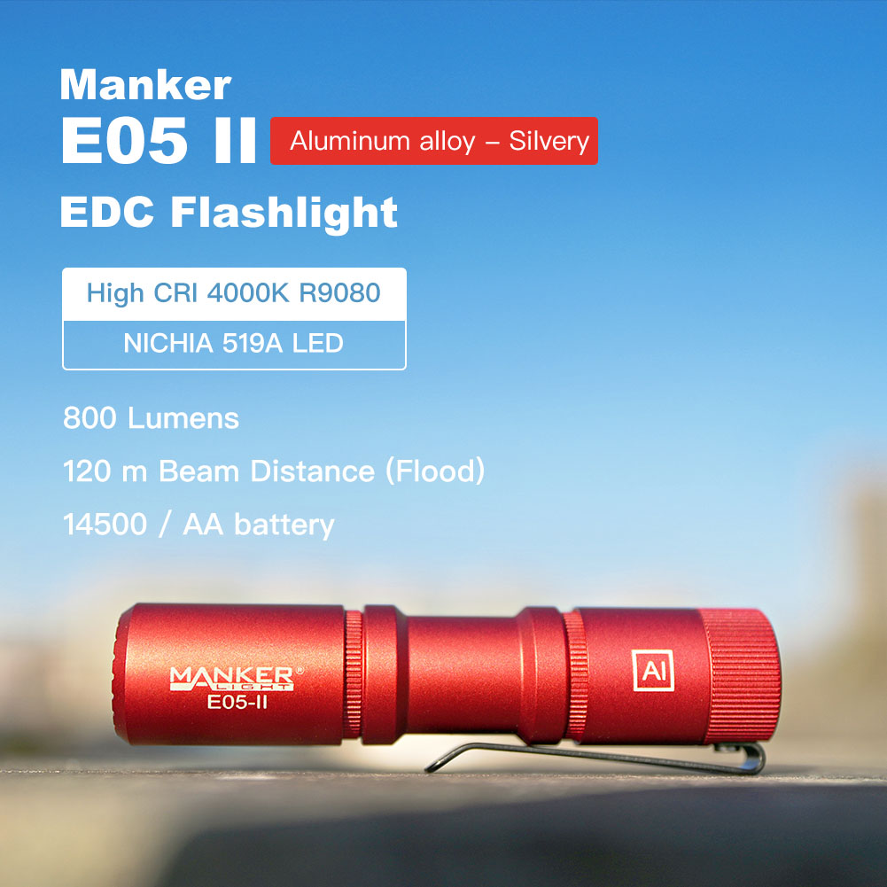 Manker E03H III – Torcia Tascabile 800 Lumen Con LED 519A-V1 4000K High CRI R9080, Impermeabile IP68, Testa Angolata, Coda Magnetica, Colore Sabbia, Inclusi Filtri Colorati