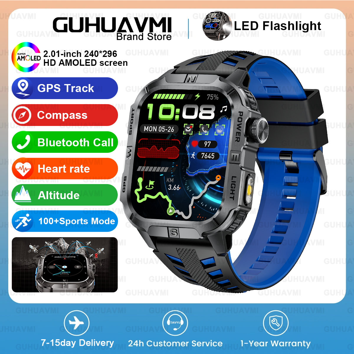 Nuevo Reloj Inteligente Deportivo para Exteriores con GPS Integrado, Brújula, Linterna, Resistente al Agua IP68, Pantalla AMOLED HD, Llamadas Bluetooth, para Hombres