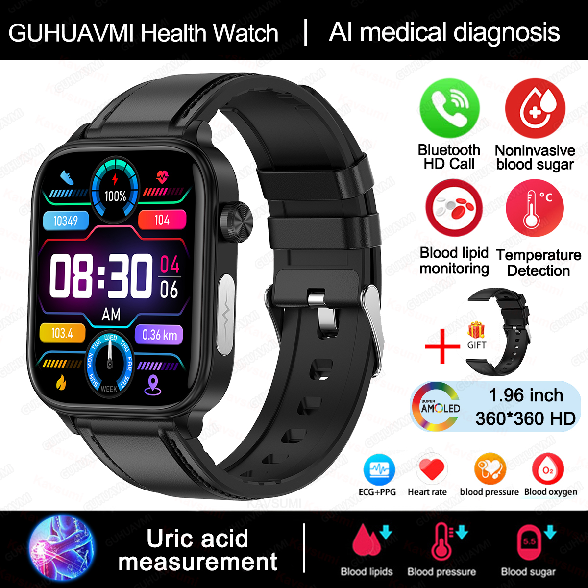 MOV Reloj inteligente para hombre y mujer, pulsera con control de glucosa en sangre, presión arterial, ECG, ácido úrico, llamada Bluetooth, grado médico, 2024