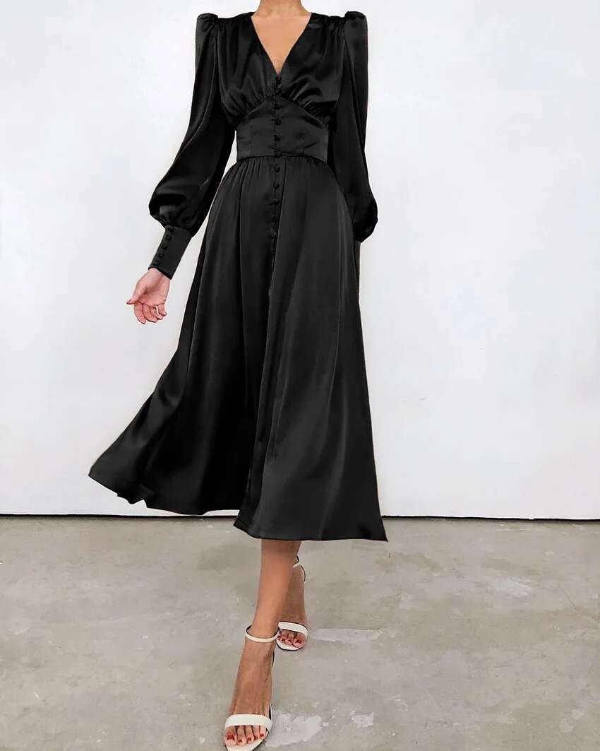 2024 Otoño/Invierno falda larga occidental para mujer con cuello en V manga acampanada botón satén Palacio cintura vestido Retro para mujer - details 20