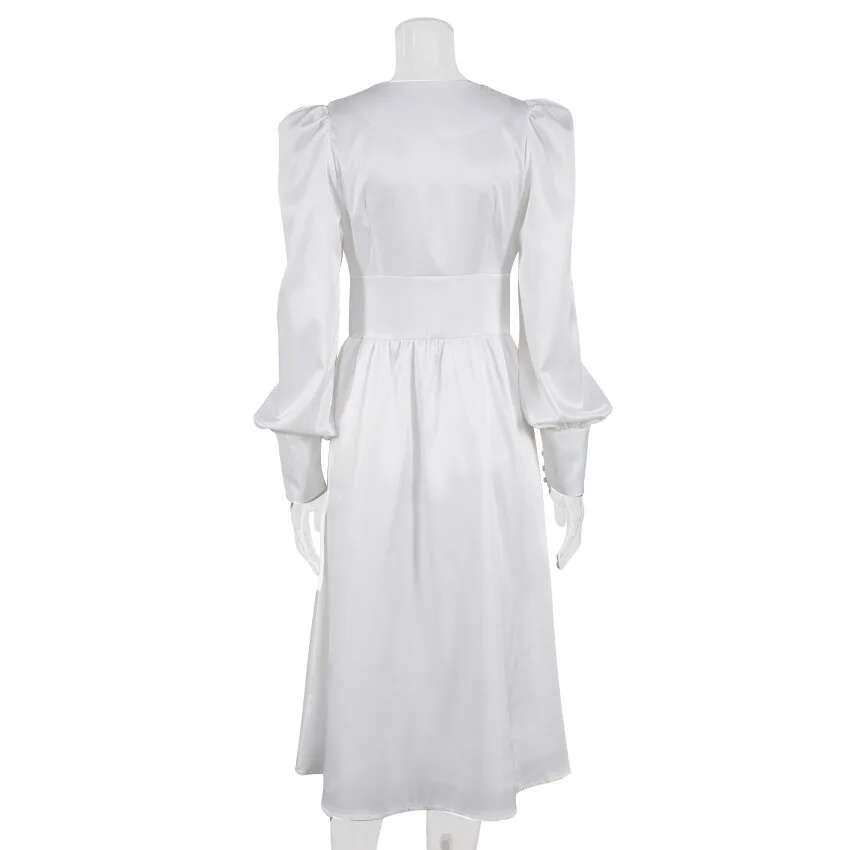 2024 Otoño/Invierno falda larga occidental para mujer con cuello en V manga acampanada botón satén Palacio cintura vestido Retro para mujer - details 31